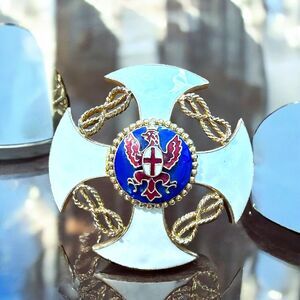 Rare Vintage Coro Maltese White Blue Gold Tone Cross Pendant Brooch 2" Read
